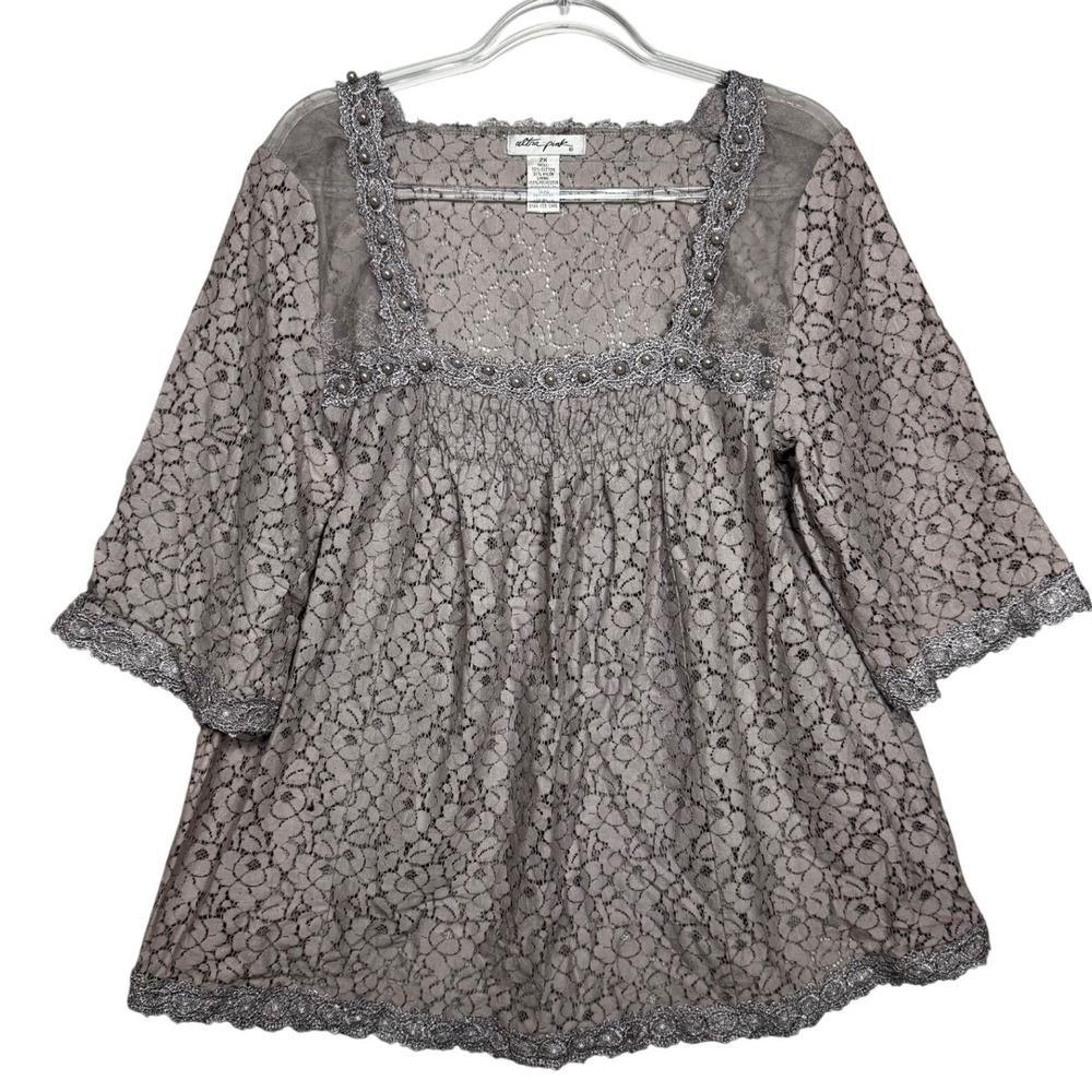 Ultra Pink Lace Square Neck Tunic Top Sheer Gray Beaded Plus Size 2X Romantic